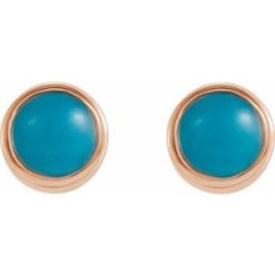 2000316 / Earring / Set / Natural Turquoise / Round / 3 Mm / 14K Rose / Pair / Friction Backs Included / Polished / Natural Turquoise Bezel-Set Earrings