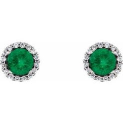 86509 / Earring / Set / Natural Emerald / Round / 3 Mm / 14K White / Natural Diamond / Pair / Friction Backs Included / Polished / Natural Emerald And 1/10 Ctw Natural Diamond Earrings