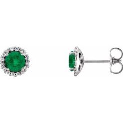 86509 / Earring / Set / Natural Emerald / Round / 3 Mm / 14K White / Natural Diamond / Pair / Friction Backs Included / Polished / Natural Emerald And 1/10 Ctw Natural Diamond Earrings