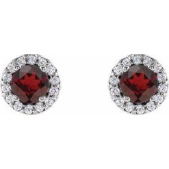 86509 / Earring / Set / Natural Mozambique Garnet / Round / 4 Mm / 14K White / Natural Diamond / Pair / Friction Backs Included / Polished / Natural Mozambique Garnet And 1/10 Ctw Natural Diamond Earrings