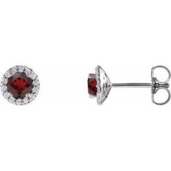 86509 / Earring / Set / Natural Mozambique Garnet / Round / 4 Mm / 14K White / Natural Diamond / Pair / Friction Backs Included / Polished / Natural Mozambique Garnet And 1/10 Ctw Natural Diamond Earrings