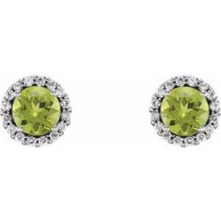 86509 / Earring / Set / Natural Peridot / Round / 5 Mm / 14K White / Natural Diamond / Pair / Friction Backs Included / Polished / Natural Peridot And 1/8 Ctw Natural Diamond Earrings