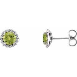 86509 / Earring / Set / Natural Peridot / Round / 5 Mm / 14K White / Natural Diamond / Pair / Friction Backs Included / Polished / Natural Peridot And 1/8 Ctw Natural Diamond Earrings