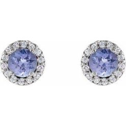 86509 / Earring / Set / Natural Tanzanite / Round / 4 Mm / 14K White / Natural Diamond / Pair / Friction Back Included / Polished / Natural Tanzanite And 1/10 Ctw Natural Diamond Earrings