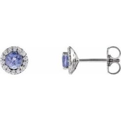 86509 / Earring / Set / Natural Tanzanite / Round / 4 Mm / 14K White / Natural Diamond / Pair / Friction Back Included / Polished / Natural Tanzanite And 1/10 Ctw Natural Diamond Earrings