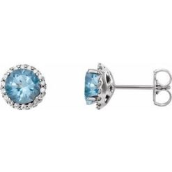 86509 / Earring / Set / Natural Aquamarine / Round / 5 Mm / 14K White / Natural Diamond / Pair / Friction Backs Included / Polished / Natural Aquamarine And 1/8 Ctw Natural Diamond Earrings
