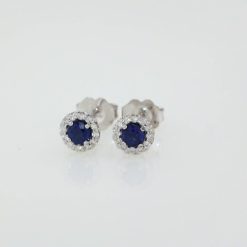 86509 / Earring / Set / Lab-Grown Blue Sapphire / Round / 5 Mm / 14K White / Natural Diamond / Pair / Friction Backs Included / Polished / Lab-Grown Blue Sapphire And 1/8 Ctw Natural Diamond Earrings