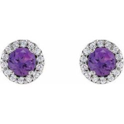 86509 / Earring / Set / Natural Amethyst / Round / 6 Mm / 14K White / Natural Diamond / Pair / Friction Backs Included / Polished / Natural Amethyst And 1/8 Ctw Natural Diamond Earrings