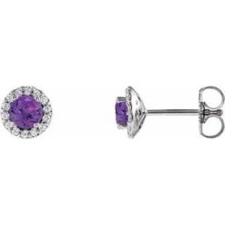 86509 / Earring / Set / Natural Amethyst / Round / 6 Mm / 14K White / Natural Diamond / Pair / Friction Backs Included / Polished / Natural Amethyst And 1/8 Ctw Natural Diamond Earrings