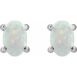 88708 / 14K White / Set / Oval / Lab-Grown White Opal / Pair / 6 X 4 Mm / Friction / Friction Backs Included / 4-Prong / Polished / Lab-Grown White Opal Cabochon 4-Prong Stud Earrings