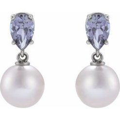 88438 / Earring / Set / 14K White / Pearl / 7 Mm / Cultured White Akoya Pearl / Pear / 6X4 Mm / Natural Tanzanite / Pair / Friction Backs Included / Polished / Cultured White Akoya Pearl And Natural Tanzanite Pear Shape Earrings