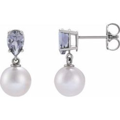 88438 / Earring / Set / 14K White / Pearl / 7 Mm / Cultured White Akoya Pearl / Pear / 6X4 Mm / Natural Tanzanite / Pair / Friction Backs Included / Polished / Cultured White Akoya Pearl And Natural Tanzanite Pear Shape Earrings