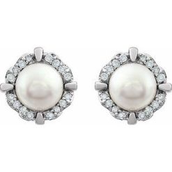 651954 / Earring / Set / Cultured White Freshwater Pearl / Pearl / 4.5-5.0 Mm / 14K White / Natural Diamond / Pair / Friction Backs Included / Polished / Freshwater Pearl And 1/10 Ctw Natural Diamond Earrings With Backs