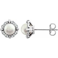 651954 / Earring / Set / Cultured White Freshwater Pearl / Pearl / 4.5-5.0 Mm / 14K White / Natural Diamond / Pair / Friction Backs Included / Polished / Freshwater Pearl And 1/10 Ctw Natural Diamond Earrings With Backs