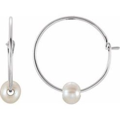 19108 / Earring / Set / Cultured White Freshwater Pearl / Pearl / 3 Mm / 14K White / Pair / Hinged / Polished / Cultured White Freshwater Pearl Youth Hoop Earrings