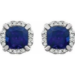 651954 / Earring / Set / Lab-Grown Blue Sapphire / Cushion / 5 X 5 Mm / 14K White / Natural Diamond / Pair / Friction Backs Included / Polished / Lab-Grown Blue Sapphire And 1/10 Ctw Natural Diamond Earrings With Backs