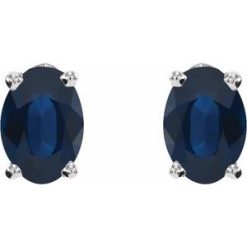 1870 / 14K White / Set / Oval / Lab-Grown Blue Sapphire / Pair / 7 X 5 Mm / Friction / Friction Backs Included / 4-Prong / Polished / Lab-Grown Blue Sapphire 4-Prong Earrings