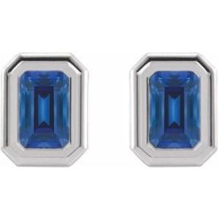 87364 / Earring / Set / Lab-Grown Blue Sapphire / Emerald / 7 X 5 Mm / 14K White / Pair / Friction Backs Included / Polished / Lab-Grown Blue Sapphire Solitaire Bezel-Set Earrings