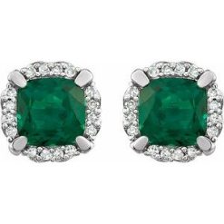 651954 / Earring / Set / Lab-Grown Emerald / Cushion / 5 X 5 Mm / 14K White / Natural Diamond / Pair / Friction Backs Included / Polished / Lab-Grown Emerald And 1/10 Ctw Natural Diamond Earrings With Backs