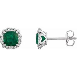 651954 / Earring / Set / Lab-Grown Emerald / Cushion / 5 X 5 Mm / 14K White / Natural Diamond / Pair / Friction Backs Included / Polished / Lab-Grown Emerald And 1/10 Ctw Natural Diamond Earrings With Backs