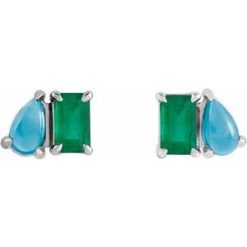 88705 / Earring / Set / Lab-Grown Emerald / Emerald / 5 X 3 Mm / 14K White / Natural Turquoise / Pair / Friction Backs Included / Polished / Lab-Grown Emerald And Natural Turquoise Stud Earrings