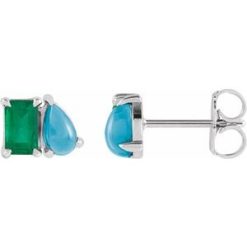 88705 / Earring / Set / Lab-Grown Emerald / Emerald / 5 X 3 Mm / 14K White / Natural Turquoise / Pair / Friction Backs Included / Polished / Lab-Grown Emerald And Natural Turquoise Stud Earrings