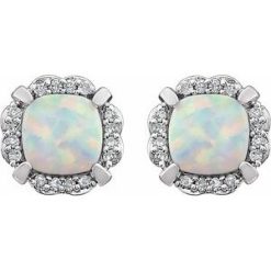 651954 / Earring / Set / Lab-Grown White Opal / Cushion / 5 X 5 Mm / 14K White / Natural Diamond / Pair / Friction Backs Included / Polished / Lab-Grown Opal And 1/10 Ctw Natural Diamond Earrings With Backs