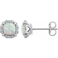 651954 / Earring / Set / Lab-Grown White Opal / Cushion / 5 X 5 Mm / 14K White / Natural Diamond / Pair / Friction Backs Included / Polished / Lab-Grown Opal And 1/10 Ctw Natural Diamond Earrings With Backs