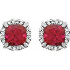 651954 / Earring / Set / Lab-Grown Ruby / Cushion / 5 X 5 Mm / 14K White / Natural Diamond / Pair / Friction Backs Included / Polished / Lab-Grown Ruby And 1/10 Ctw Natural Diamond Earrings With Backs