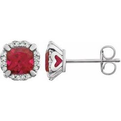 651954 / Earring / Set / Lab-Grown Ruby / Cushion / 5 X 5 Mm / 14K White / Natural Diamond / Pair / Friction Backs Included / Polished / Lab-Grown Ruby And 1/10 Ctw Natural Diamond Earrings With Backs