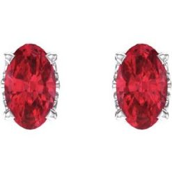 1920 / 14K White / Set / Oval / Lab-Grown Ruby / Pair / 5 X 3 Mm / Friction / Friction Backs Included / 4-Prong / Polished / Scroll Setting Stud Earrings