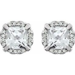 651954 / Earring / Set / Lab-Grown White Sapphire / Cushion / 5 X 5 Mm / 14K White / Natural Diamond / Pair / Friction Backs Included / Polished / Lab-Grown White Sapphire And 1/10 Ctw Natural Diamond Earrings With Backs