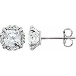 651954 / Earring / Set / Lab-Grown White Sapphire / Cushion / 5 X 5 Mm / 14K White / Natural Diamond / Pair / Friction Backs Included / Polished / Lab-Grown White Sapphire And 1/10 Ctw Natural Diamond Earrings With Backs
