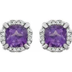 651954 / Earring / Set / Natural Amethyst / Cushion / 5 X 5 Mm / 14K White / Natural Diamond / Pair / Friction Backs Included / Polished / Natural Amethyst And 1/10 Ctw Natural Diamond Earrings With Backs