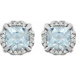651954 / Earring / Set / Natural Aquamarine / Cushion / 5 X 5 Mm / 14K White / Natural Diamond / Pair / Friction Backs Included / Polished / Natural Aquamarine And 1/10Ctw Natural Diamondearrings With Backs