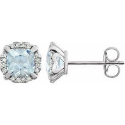 651954 / Earring / Set / Natural Aquamarine / Cushion / 5 X 5 Mm / 14K White / Natural Diamond / Pair / Friction Backs Included / Polished / Natural Aquamarine And 1/10Ctw Natural Diamondearrings With Backs