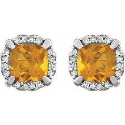 651954 / Earring / Set / Natural Citrine / Cushion / 5 X 5 Mm / 14K White / Natural Diamond / Pair / Friction Backs Included / Polished / Natural Citrine And 1/10Ctw Natural Diamond Earrings With Backs