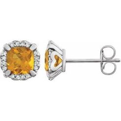 651954 / Earring / Set / Natural Citrine / Cushion / 5 X 5 Mm / 14K White / Natural Diamond / Pair / Friction Backs Included / Polished / Natural Citrine And 1/10Ctw Natural Diamond Earrings With Backs