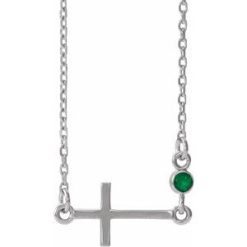 R42355 / Necklace / Set / 14K White / Round / Natural Emerald / 2 Mm / 16-18 In / Polished / May Sideways Cross Adjustable Necklace