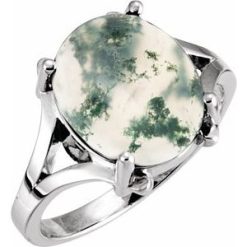 7653 / Ring / Set / 14K White / Natural Moss Agate / Oval / 10 X 8 Mm / Polished / Moss Agate Cabochon Ring