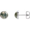 23482 / 14K White / Set / Round / Natural Moss Agate / Pair / 6 Mm / Friction / Friction Backs Included / Bezel / Polished / Natural Moss Agate Earrings