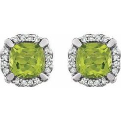 651954 / Earring / Set / Natural Peridot / Cushion / 5 X 5 Mm / 14K White / Natural Diamond / Pair / Friction Backs Included / Polished / Natural Peridot And 1/10Ctw Natural Diamond Earrings With Backs