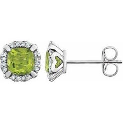 651954 / Earring / Set / Natural Peridot / Cushion / 5 X 5 Mm / 14K White / Natural Diamond / Pair / Friction Backs Included / Polished / Natural Peridot And 1/10Ctw Natural Diamond Earrings With Backs