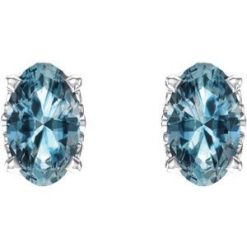 1920 / 14K White / Set / Oval / Natural Sky Blue Topaz / Pair / 5 X 3 Mm / Friction / Friction Backs Included / 4-Prong / Polished / Scroll Setting Stud Earrings