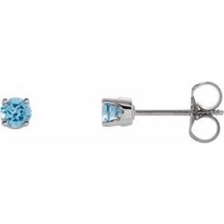 651643 / 14K White / Set / Round / Natural Swiss Blue Topaz / Pair / 3 Mm / Threaded / Threaded Backs Included / 4-Prong / Polished / Youth Earrings With Backs