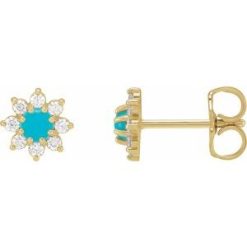88035 / Earring / Set / Natural Turquoise / Round / 3 Mm / 14K Yellow / Natural Diamond / Pair / Friction Backs Included / Polished / Natural Turquoise And 1/8 Ctw Natural Diamond Cabochon Flower Earrings