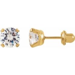 21506 / 14K Yellow / Set / Round / Imitation White Cubic Zirconia / Pair / 3 Mm / Piercing / Piercing Backs Included / 4-Prong / Polished / Inverness Cubic Zirconia Piercing Earrings