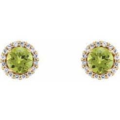 86509 / Earring / Set / Natural Peridot / Round / 5 Mm / 14K Yellow / Natural Diamond / Pair / Friction Backs Included / Polished / Natural Peridot And 1/8 Ctw Natural Diamond Earrings