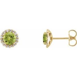 86509 / Earring / Set / Natural Peridot / Round / 5 Mm / 14K Yellow / Natural Diamond / Pair / Friction Backs Included / Polished / Natural Peridot And 1/8 Ctw Natural Diamond Earrings
