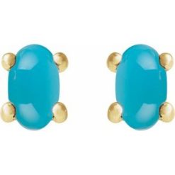 88708 / 14K Yellow / Set / Oval / Natural Turquoise / Pair / 7 X 5 Mm / Friction / Friction Backs Included / 4-Prong / Polished / Natural Turquoise Cabochon 4-Prong Stud Earrings